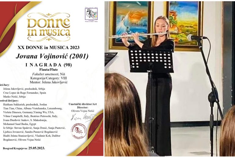 Прва награда Јовани Војиновић на Интернационалном такмичењу “Donne in Musica” 2023 Крагујевац-Београд