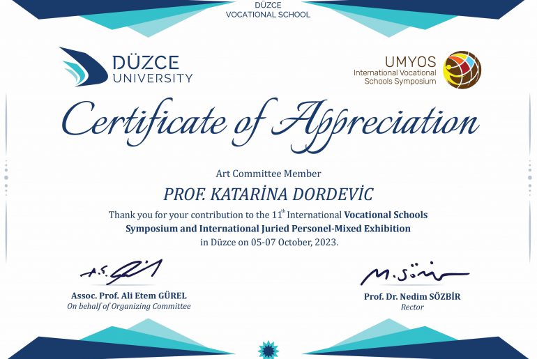 Проф. мр Катарина Ђорђевић је учествовала у раду жирија „11th International Vocational Schools Symposium and International Juried Personal-Mixed Exhibition“